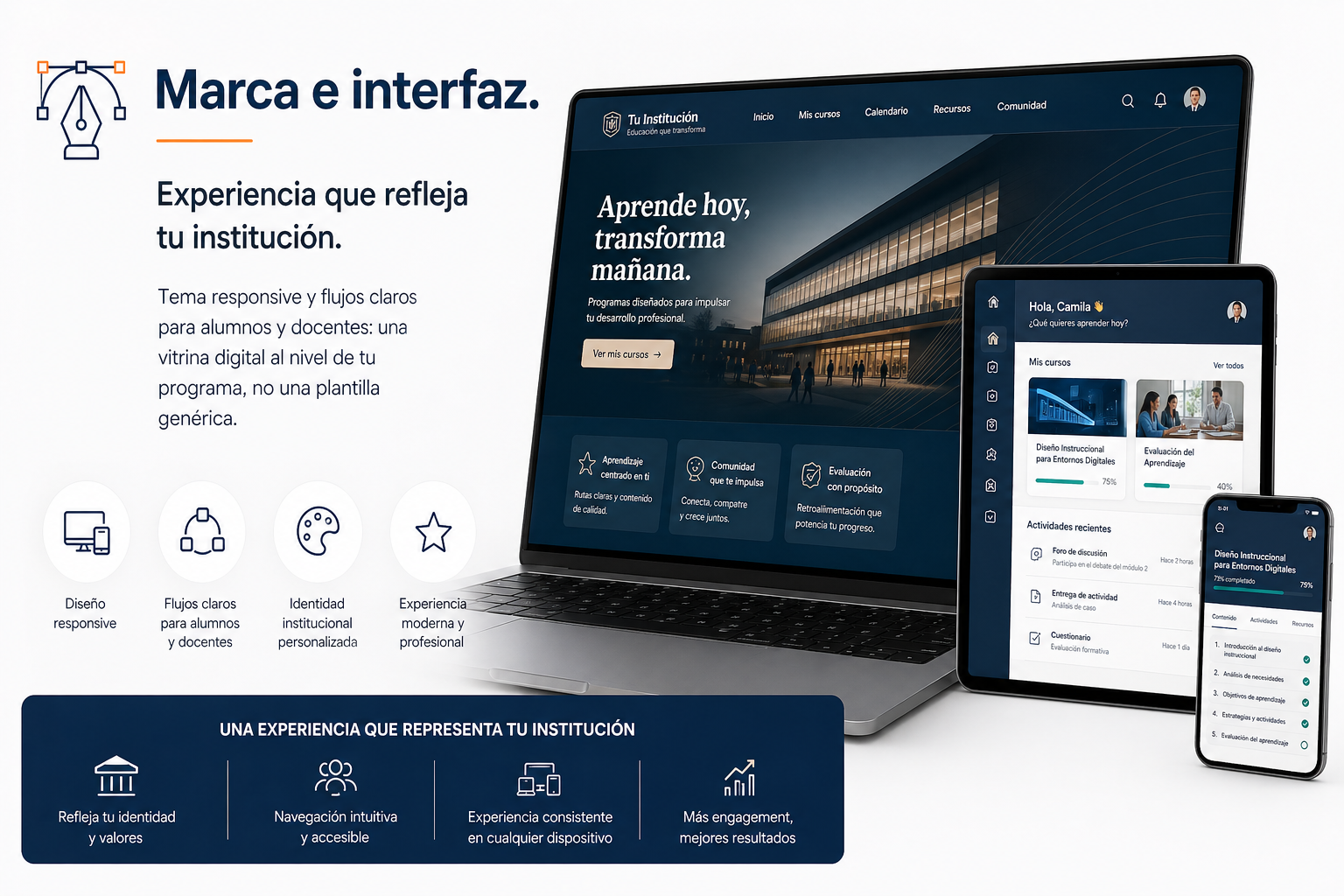 Interfaz Moodle a medida con diseño moderno y la identidad institucional.