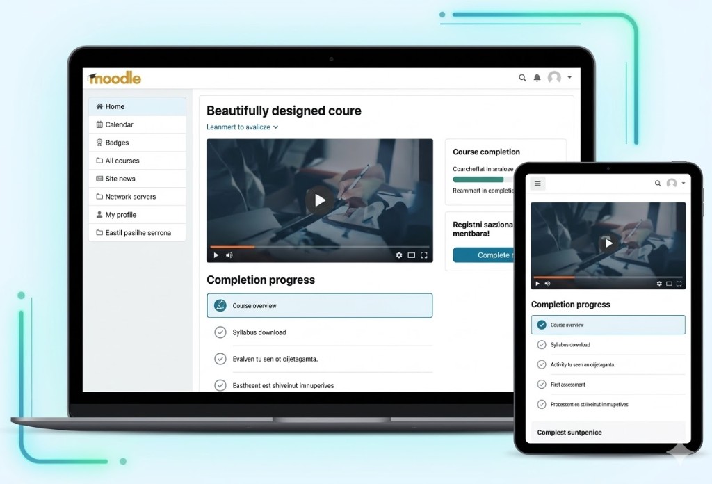 Moodle en portátil y tablet: curso con video, menú lateral, progreso de finalización y diseño responsive.