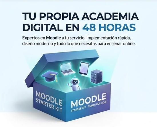 Academia digital en 48 horas: Moodle Starter Kit en caja 3D con birrete, laptop, tablet, servidores y robot.